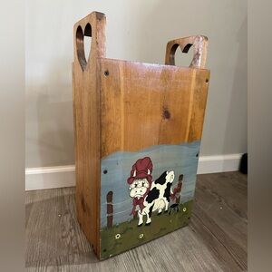 Rustic Wooden Magazine Holder with Cow Design